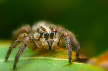 The most adorable of spiders; the jumping spider. A close-up photo of a jumping spider. Natural background.