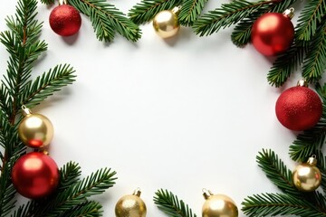 Elegant Christmas & New Year composition Fir branches, ornaments, empty square frame White backdrop , minimal, top view