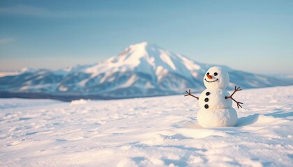 Snowy landscape, cute snowman mountain in distance,  postcard,  design
