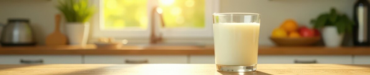 Glass of chilled milk, sunny kitchen scene, empty space, mockup, sunlight