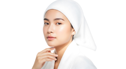 Young asian woman with a white towel on her head, showcasing clear skin