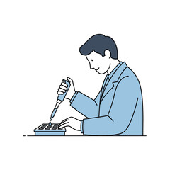 Illustration of Scientist in Blue Lab Coat Working with Pipette and Sample Tray in a Laboratory Setting With White Background
