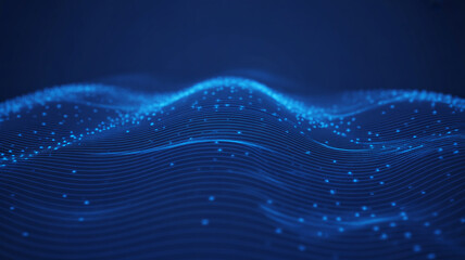 Abstract blue digital waveform with glowing particles and data flow