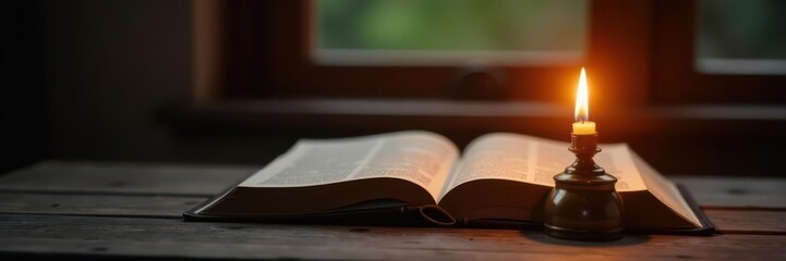 Oil lamp glows, Bible softly blurred, dark wood table , reading, spiritual