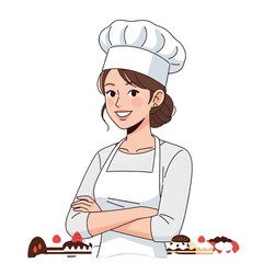 Smiling Female Baker in White Apron and Chef's Hat with Arms Crossed and Pastries on White Background Depicts Culinary Profession