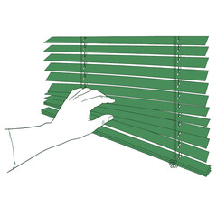 Hand Adjusting Green Window Blinds Simple Indoor Minimal Illustration with White Background
