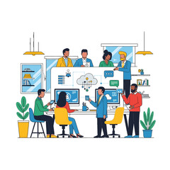 Diverse Team Collaboration in Modern Office Flat Illustration Style Depicting Business Meeting with Digital Technology and Global Network System
