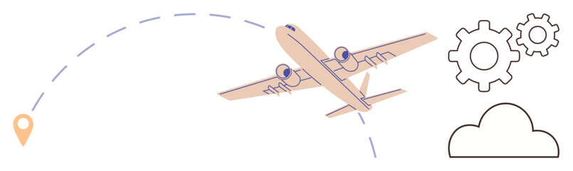 Airplane flying with a curved path leading to a location marker, adjacent cloud and gear icons. Ideal for themes thumbs up aviation, travel, logistics, innovation, planning, strategy, navigation
