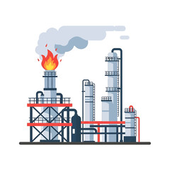 Industrial Oil Refinery Plant with Fire Smoke in Gray and Red Color Scheme Under White Background