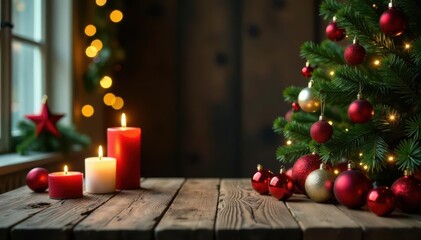 Rustic wooden table, Christmas tree, ornaments, candles, copy space , festive, gold, background