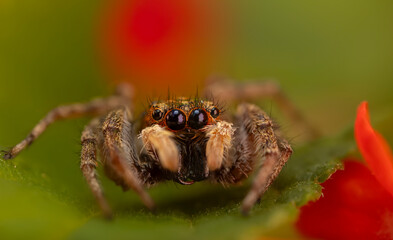 The most adorable of spiders; the jumping spider. A close-up photo of a jumping spider. Natural...