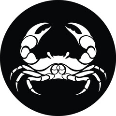 Stylized white crab silhouette against a black circular background