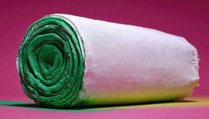 Rolled white fabric with green center, vibrant backdrop