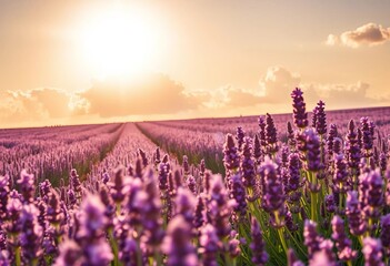 Obraz premium Sun-drenched lavender field, fluffy clouds, vibrant purple hues, graphic, serenity