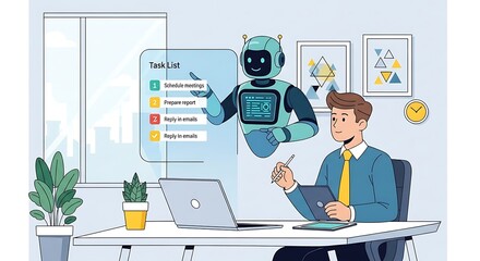 A businessperson uses a helpful robot assistant to manage their tasks at a modern office workstation.