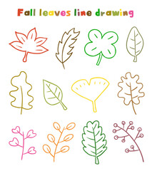 가을 단풍 은행 나뭇잎 라인드로잉 아이콘(fall autumn leaves line drawing icon set)