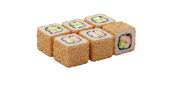Closeup of appetizing sushi rolls with sesame seeds and avocado.