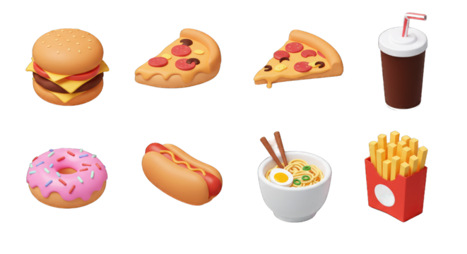 Collection of popular fast food items and drinks in a modern isometric style.