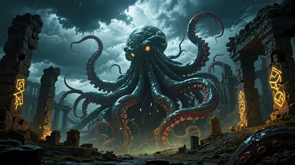 Fototapeta premium Colossal tentacle monster wrapping around ancient ruins storm clouds glowing runes cinematic fantasy atmosphere