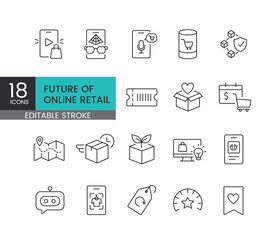 A set of vector icons representing the future of online retail and smart e-commerce technologies, created in line style with editable stroke
