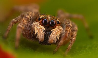 The most adorable of spiders; the jumping spider. A close-up photo of a jumping spider. Natural...