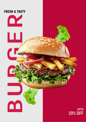 Fresh and tasty burger promotion poster or flyer template. Delicious cheeseburger with french fries, cheese, and lettuce for a fast food restaurant special offer, discount advertisement, and menu