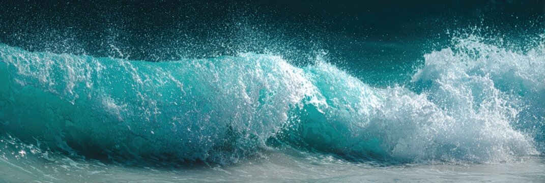 Powerful turquoise ocean wave crashing on shore
