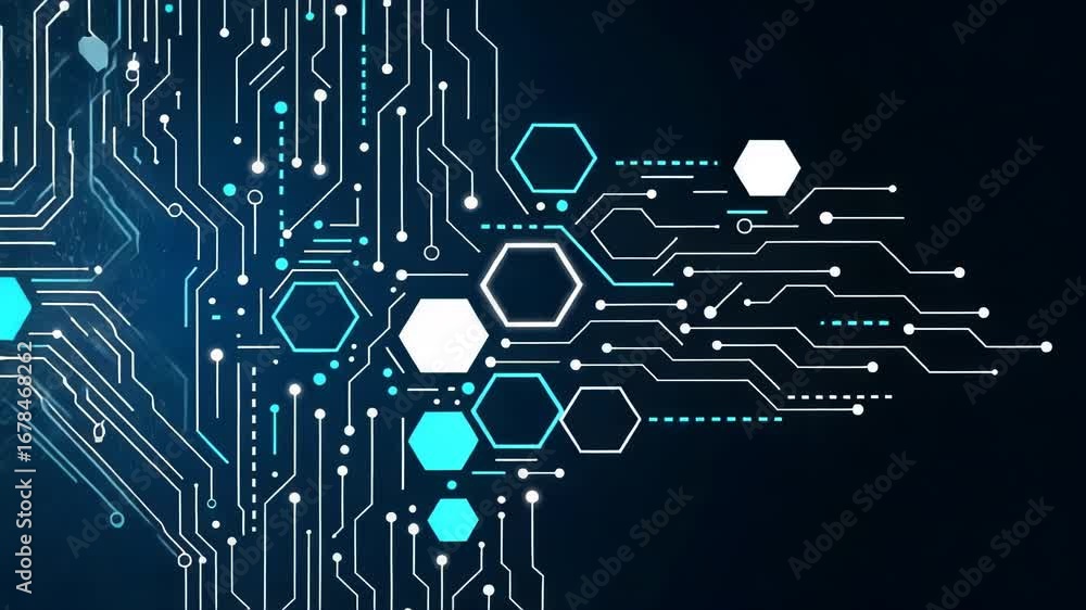 Poster a futuristic digital circuit board with glowing blue and white hexagonal nodes and intricate lines o