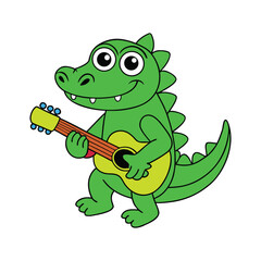 A happy cartoon alligator with a wide smile playing a acoustic guitar.