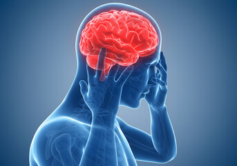 Headache Migraine Brain Pain Stress Concept — Neurology 3D Rendering on Blue Background