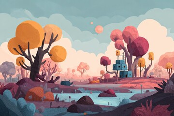 Colorful, stylized landscape with futuristic structures