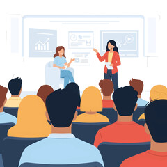 Two Women Presenting on Stage at a Conference with a Large Audience in Gray and Red Tones with a Light Background and Graph Visual Aids