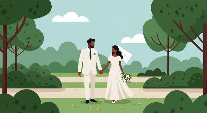 A joyful couple walks hand-in-hand through a park, celebrating their wedding day in a serene and picturesque setting.