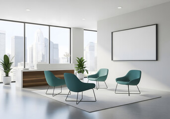 Office Lobby Reception Waiting Area — Modern Business Interior with Blank Frame and Teal Chairs