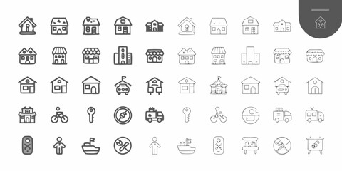 Collection of hand drawn outline icons representing houses buildings vehicles and various symbols on a white background