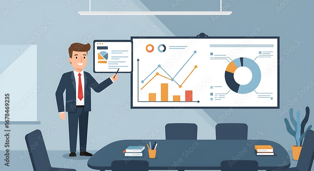 Poster a professional in a business setting presents data graphs and charts on a wall-mounted display.