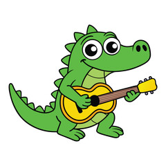Obraz premium A happy cartoon alligator with a wide smile playing a acoustic guitar.