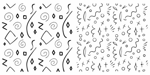 Abstract hand drawn geometric shapes and swirls pattern on white background