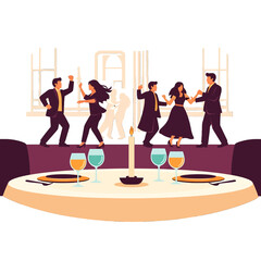 People Celebrate in a Restaurant with Table Setting and Lit Candle in a Festive Graphic Indoor Scene with Dancing and Raised Hands