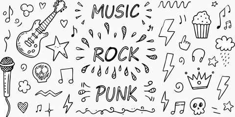 Hand drawn doodle elements for music rock and punk genres with guitar microphone notes and symbols