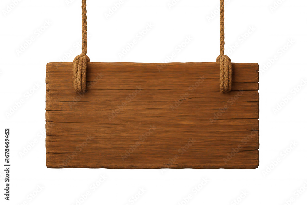 Poster empty wooden sign hanging from two ropes on a transparent background, perfect for adding custom text