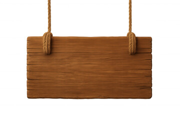 Empty wooden sign hanging from two ropes on a transparent background, perfect for adding custom text or graphics