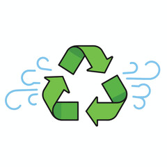Obraz premium A green recycling symbol with arrows, surrounded by stylized wind elements, representing environmental sustainability.