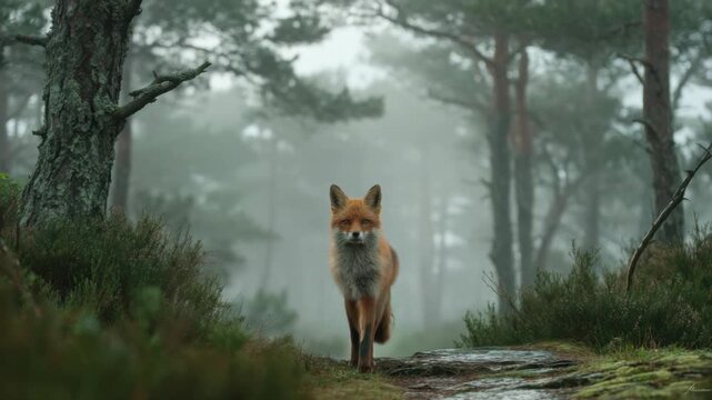 Red fox walking on a mossy path in a foggy forest