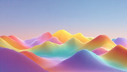 Colorful, abstract, landscape of soft, rounded mountains against a pastel sky