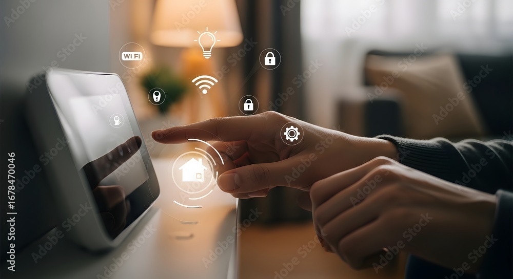 Poster close-up of a hand using a smart home control panel to manage household automation and security syst