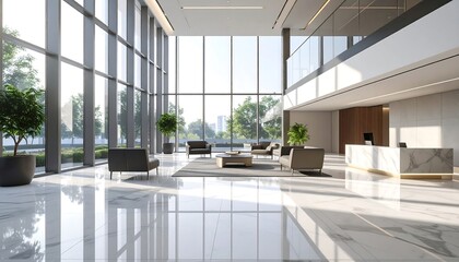 Bright Office Lobby with Glass Facade and Comfortable Reception Seating