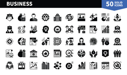 Set of 50 solid icons related to Business. Containing bank, success, contact, analysis, advertising, internet, profit, tax and more. Pictograms for web, mobile app and infographics