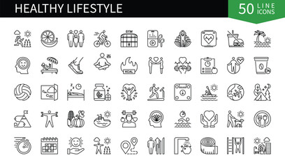 Set of 50 line icons related to Healthy Lifestyle. Containing wellness, recreation, positive thinking, fitness, traveling, yoga and more. Pictograms for web, mobile app and infographics
