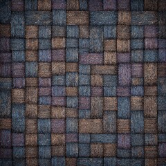 Woven, patterned, textured surface of squares in shades of brown and blue-gray